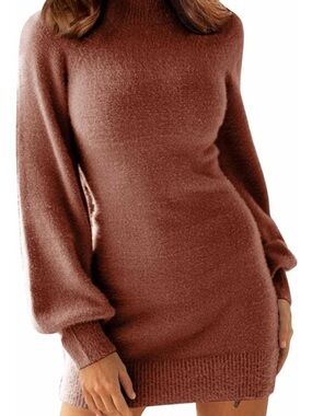 Cozy Long Sleeve Sweater Dress - Rust Brown